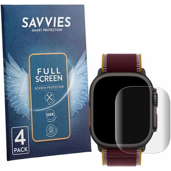 Savvies Displayschutzfolie Fullscreen Schutzfolie für Apple Watch Ultra 4 (49 mm), 4 Stück, Displayschutz Folie Fullcover Klar Transparent