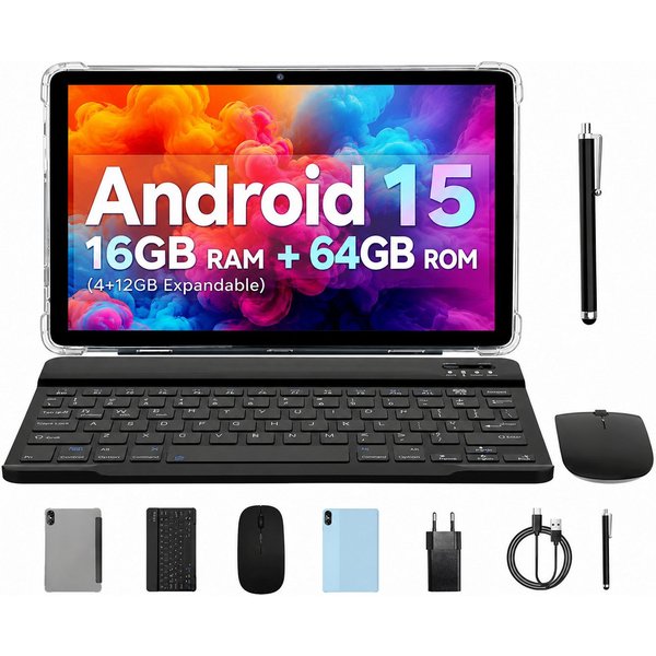 PRITOM 10 Zoll Android 15 Tablet, WiFi 6, mit Tastatur, Maus, Hülle, Hellblau Tablet (Dual-Box-Lautsprecher,6000mAh,64GB)