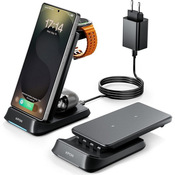 KPON 3-in-1 Induktive Ladestation 20W Faltbar Galaxy iPhone Watch AirPods Wireless Charger (1500 mA, Komplettset für Smartphone, Watch und Earbuds, Ladegerät mi