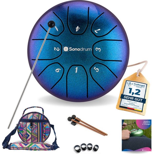 Sonodrum Steel Tongue Drum "Standard", C-Dur, 14 cm, 8 Zungen inkl. Liederbuch und Tragetasche