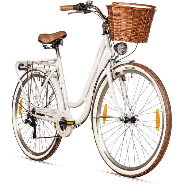 bergsteiger Cityrad Marseille 26 Zoll, 28 Zoll Damenfahrrad, ab 150 cm, Korb aus Rattan, 6 Gang, Kettenschaltung, V-Bremsen