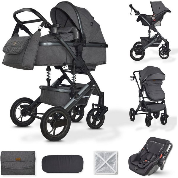 Bronea Kombi-Kinderwagen EXQUISE 2.0 Kinderwagen 3-in-1 GREY/GREY mit BUGGY, AUTO-BABYSCHALE, HOCHWERTIGES MODELL, Wickeltasche, Regen-, Mücken- & Sonnenschutz