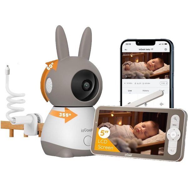 TWUFY Babyphone 5 Zoll WLAN Video babyfone PTZ 355° Babyphone mit Kamera 2K/3MP, IR-Nachtsicht, Automatische Verfolgung,Temperaturanzeige, Weinen/Bewegungs/Gerä