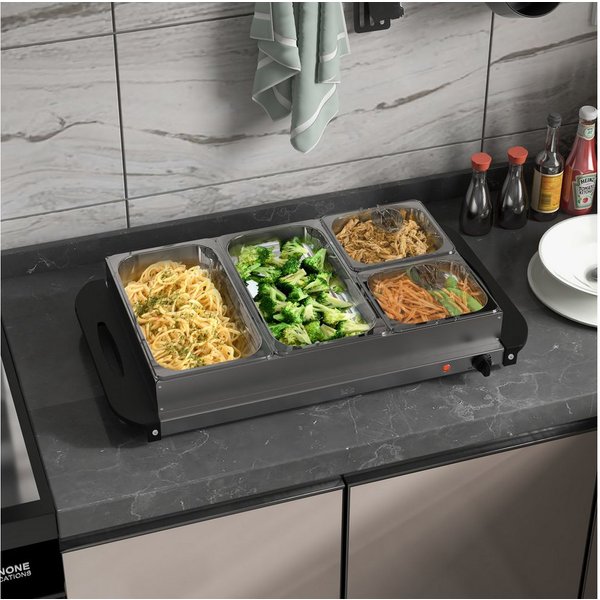HOMCOM Warmhalteplatten-Zwischenmodul Buffetwärmer, 300 Watt, Edelstahl, mit Einstellbarer Thermostat, 6,8 L Chafing Dish für Partys Buffets Familienessen