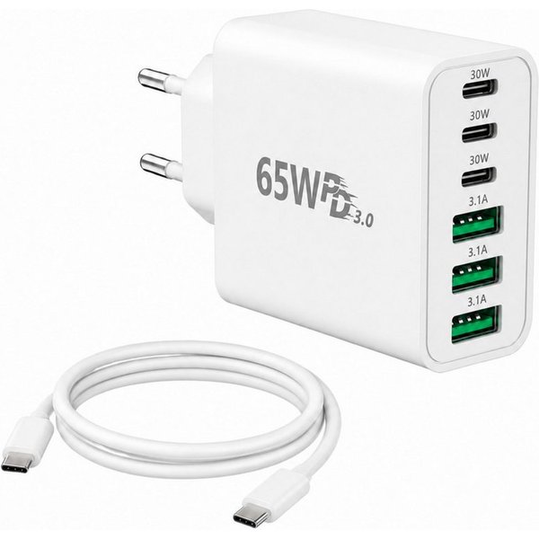 PlugUp 65W Ladegerät 6-Port 30W Schnellladeadapter mit USB-C Ladekabel USB-Ladegerät (3100 mA, Set, Inkl. USB-C Ladekabel, Universelles Schnellladegerät mit USB