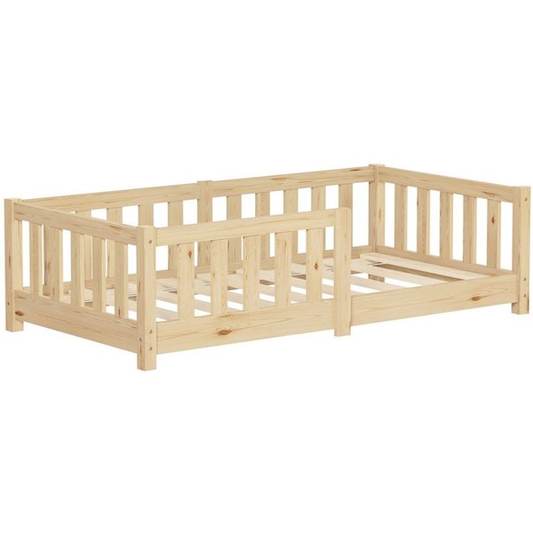 ML-DESIGN Spielbett Bodenbett Holzbett mit Lattenrost & Rausfallschutz Jugendbett Babybett, Abenteuerbett 70x140cm Natur Kinderbett Bettgestell ohne Matratze