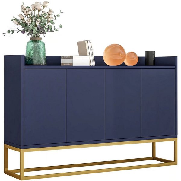 Flieks Sideboard, Kommode mit 4 Türen mit goldenen Metallbeine 120x30x80cm
