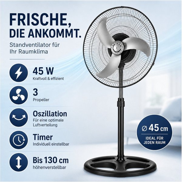 Ertex Standventilator Standventilator`Ventilator Leistungsstarker 45 W, Ø 45 cm, 130 cm