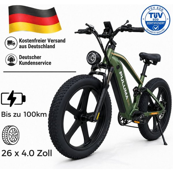 PixelPilot E-Bike Mountainbike 52V 20Ah Fatbike 26 Zoll, Shimano 7-Gang, hydraulisch, Stadt & Gelände, 7 Gang, Heckmotor, 1040 Wh, (Packung)
