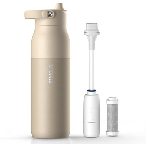 BRITA Trinkflasche BRITA LARQ Essential Filter Trinkflasche (1L) mit Strohhalm, Edelstahl Wasserflasche mit doppelwandiger Isolierung - hält 24h kalt