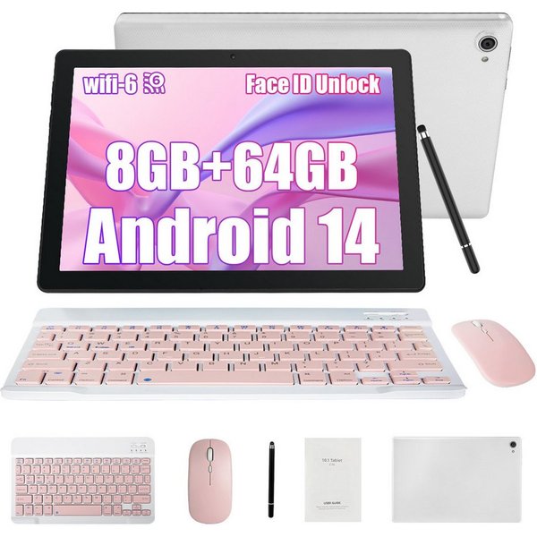 BUFO 10,1 Zoll 64GB erweiterbar auf 1TB mit Maus, Tastatur und Stylus Tablet (10", 64 GB, Android 14, 2,4G/5G WiFi, Android 14, 5000mAh, Gesichtsentsperrung, 12