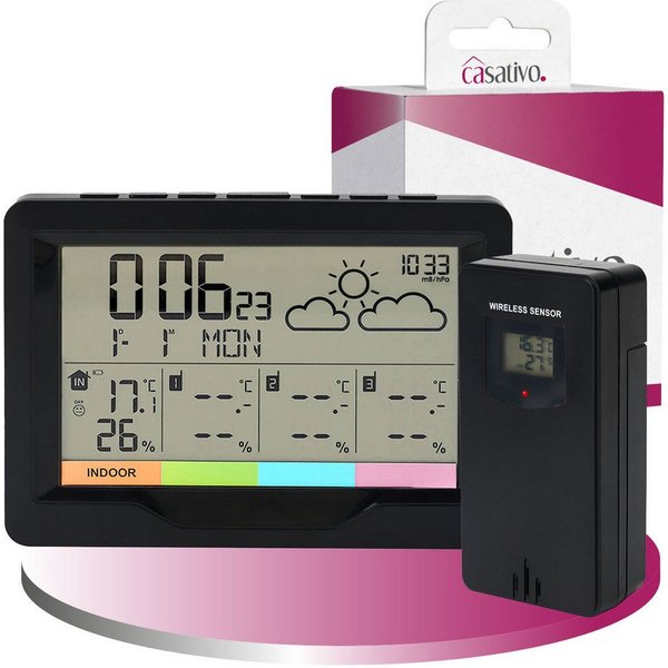 Casativo Multifunktionale Funk Wetterstation mit Außensensor Funkwecker Display Funkwetterstation (Innen-/Außentemperatur 4-Zonen-Überwachung Reichweite ca. 60m