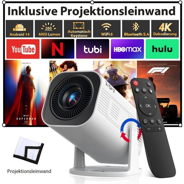 XGODY Tragbarer Projektor Unterstützt 4K 1080P, Integrierte APP Android 14 Mini-Beamer (260 lm, 8000:1, 3840 x 2160 px, Mini Projektor mit Automatische Trapezko