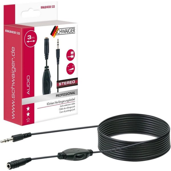 Schwaiger 3,5mm Klinken-Verlängerung 3m Lautstärkenregler Audio-Kabel, 3,5mm Klinke, 3,5mm Klinke (300 cm), Klinke Verlängerungskabel Fernbedienung TV Kopfhörer
