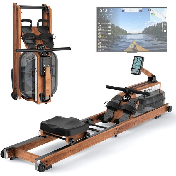 JASPORT Rudergerät M1 Wasserwiderstand aus Holz, klappbar, LCD, für Zuhause, bis 150 kg (Mit Smartphone-/Tablet-Halterung und Transportrollen), FSC-Holz, 20-l-W