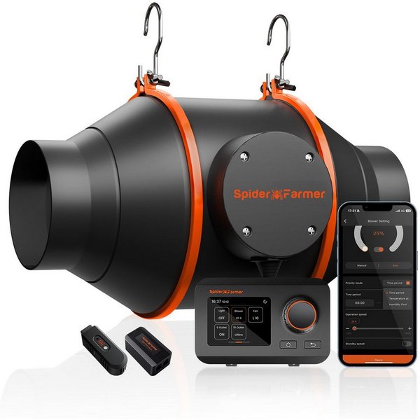 Spider Farmer Radialventilator Spider Farmer Abluftventilator mit GGS-Controller, 100 mm Inline-Lüfter mit Temperatur- und Feuchtigkeitssteuerung