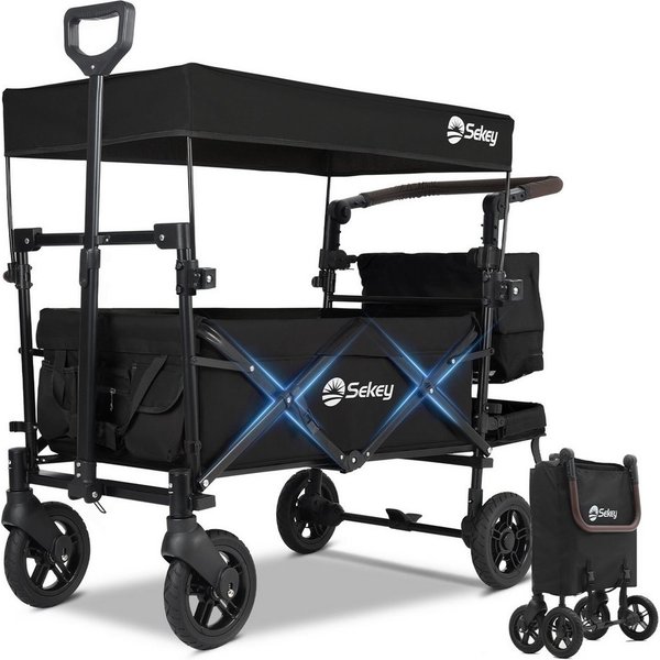 Sekey Bollerwagen 150 kg Faltbarer Bollerwagen mit Dach und 3-Punkt-Sicherheitsgurt, Faltbarer Handwagen Schiebegriff, Transportwagen mit Bremsen