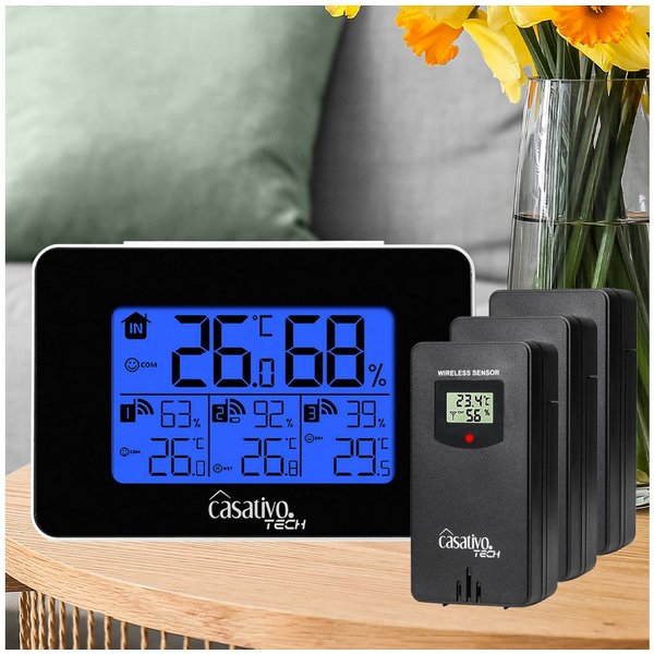 Casativo Wetterstation 3 Funksensoren LCD Display Wettertrend Reichweite 60m Funkwetterstation (Temperatur, Hygrometer, Wettertrends & Heiz-/Lüftungstipps)