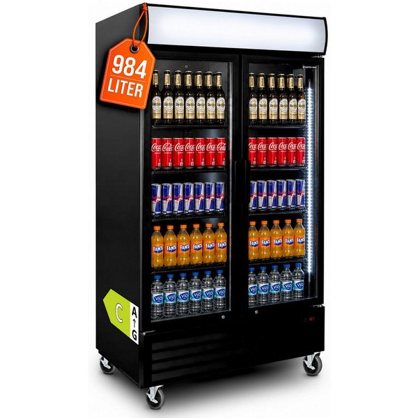 GastroHero Getränkekühlschrank Getränkekühlschrank 1000 L mit Leuchtaufsatz schwarz GKS-1000KT, 209.5 cm hoch, 113 cm breit