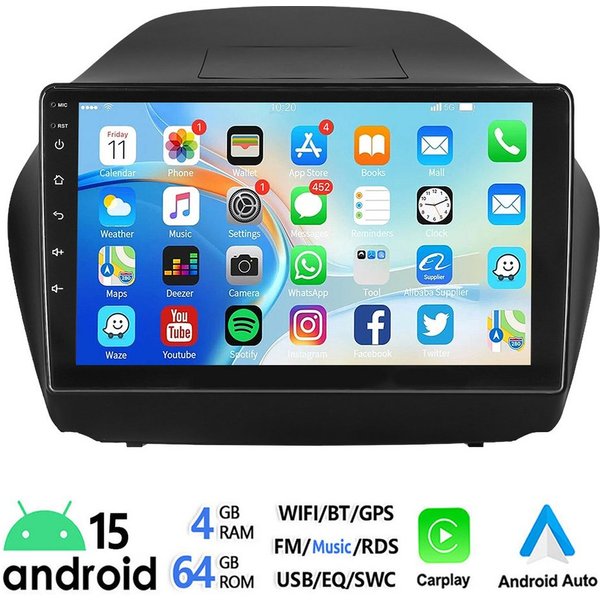 ESSGOO DAB+ 10'' Android 15 Für Hyundai iX35 10-15 Carplay Bluetooth GPS WiFi Autoradio (RDS, 4+64GB(optional), FM, AM, DAB+ (optional), Apple Carplay Android A
