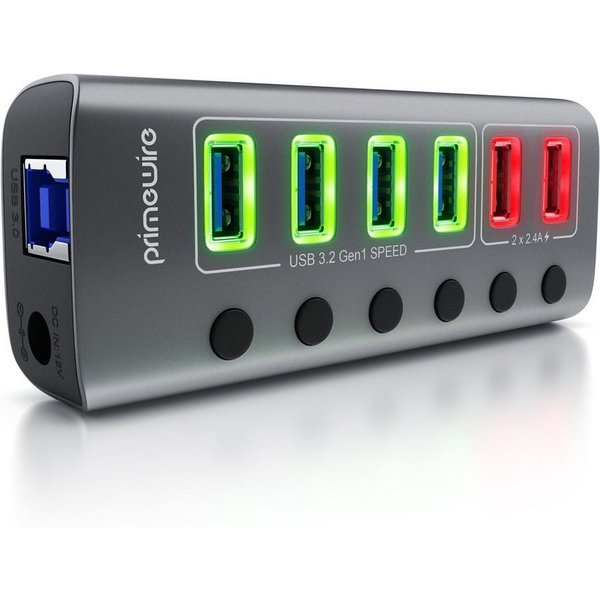 Primewire USB 3.2 Hub 6-Port aktiv mit Netzteil USB-Adapter USB-A zu USB-A, 120 cm, USB 3.2 Gen1 Hub, 6 Port Verteiler aktiv mit Netzteil, 5 Gbit/s