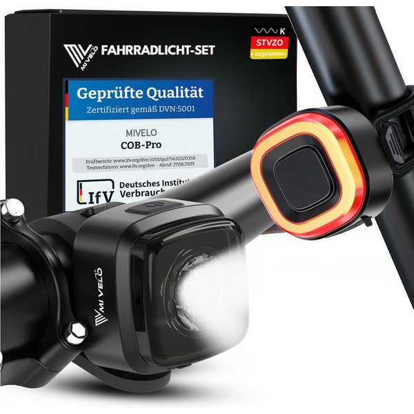 MIVELO Fahrradbeleuchtung MiVelo COB Pro Fahrradlicht LED Set – Frontlicht, Rücklicht oder Set, StVZO zugelassen, Rücklicht mit Bremsfunktion wählbar