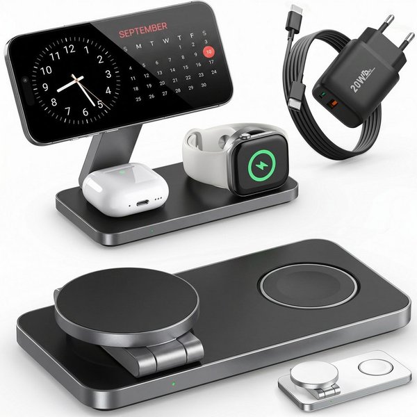 GreenHec Ladestation Apple Watch iPhone 3in1 MagSafe Ladegerät Wireless Charger Wireless Charger (3000 mA, Spar-Set, 3in1 PowerBase + USB-C Kabel + 20w Dual Cha