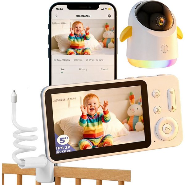 TWUFY Babyphone 2K/5,0 Zoll WLAN Babyphone mit Kamera und App IR/RBG Nachtsicht, Automatische Verfolgung, Video Babyfon PTZ 360° Überwachungskamera Innen für Ha