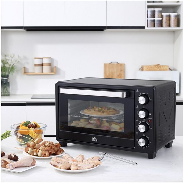 HOMCOM Minibackofen 32L 100 °C-230 °C 1600 W Mini Ofen mit Backblech Krümelblech, Schwarz 52,2 x 38,1 x 33,5 cm