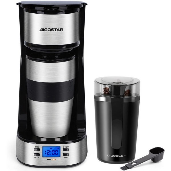Aigostar Kaffeemaschine mit Mahlwerk, Korbfilter, Kaffeemaschine mit Thermobecher, 24h-Timer, AutoClean-Funktion