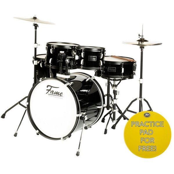 FAME Schlagzeug,FS20B First Step Studio Set Piano Black Komplettes Drum-Set 22" BassDrum Mischholz Kessel Inklusive Hardware Becken Ideal für Anfänger und Profi