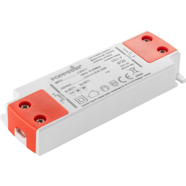 Poppstar Ultra flacher LED-Transformator 230V AC / 12V DC 1,66A LED Trafo (Slim LED Trafo 12 V (für 0,2 bis 20 Watt LED Strips und Lampen)