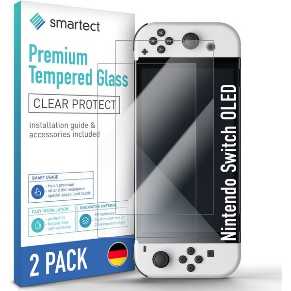 smartect Displayschutzglas 2X Schutzglas Panzerfolie Klar für Nintendo Switch OLED für Nintendo Switch OLED, Set, 2 Stück, 0.3 mm Ultra-klar, 9H Härte, Kratzfes