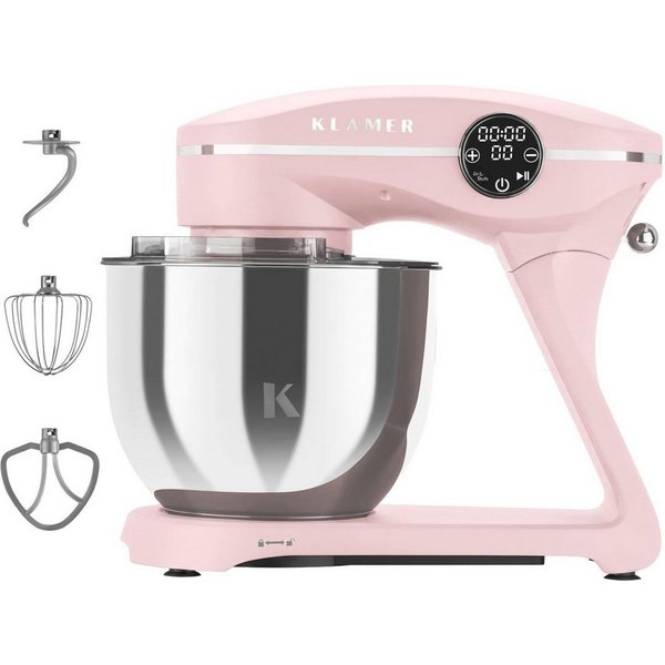 KLAMER Küchenmaschine 1800W, Knetmaschine mit 6 Liter Edelstahl Schüssel, 10 Geschwindigkeitsstufen mit Timer, Rührbesen, Knethaken, Schneebesen und Spritzschut