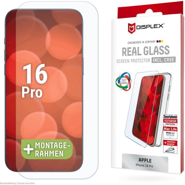 Displex Displayschutzglas Real Glass Screen Protection + Case für Apple iPhone 16 Pro, Displayschutzfolie, Schutzfolie, Bildschirmschutz, kratz- & stoßfest