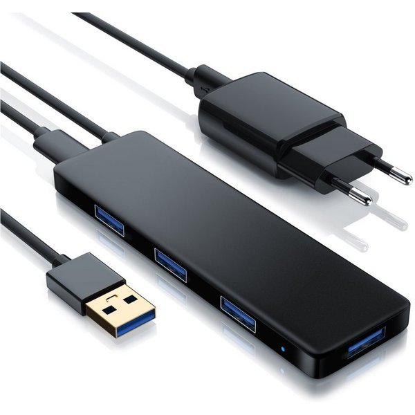 Primewire 4-Port aktiver Ultra Slim USB 3.2 Hub / Verteiler, Netzteil, Hot-Plug USB-Adapter USB-A zu USB-A, 150 cm, Datenhub für PC, PS4, Notebook, Netbook, Lap