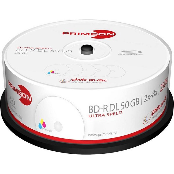 PRIMEON Blu-ray-Rohling BD-R DL 50GB/2-8x Cakebox (25 Disc 2761319, Bedruckbar