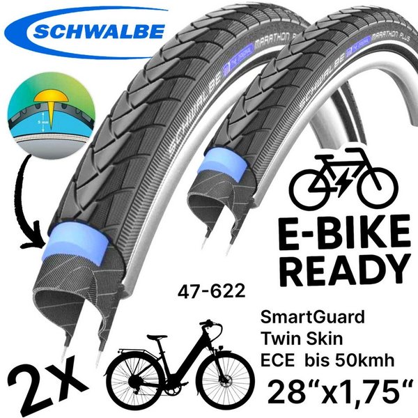 Schwalbe Fahrradschlauch 2x Schwalbe Marathon Plus 28x1.75 SmartGuard City/E 47-622