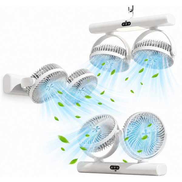 MOPUEA Standventilator 3-in-1-Doppelkopf Ventilator 3 Windstufen mit Licht Flexible Montage, 2 Köpfe, 3 Stufen, USB-C, Licht und flexible 3-in-1-Montage für Räu