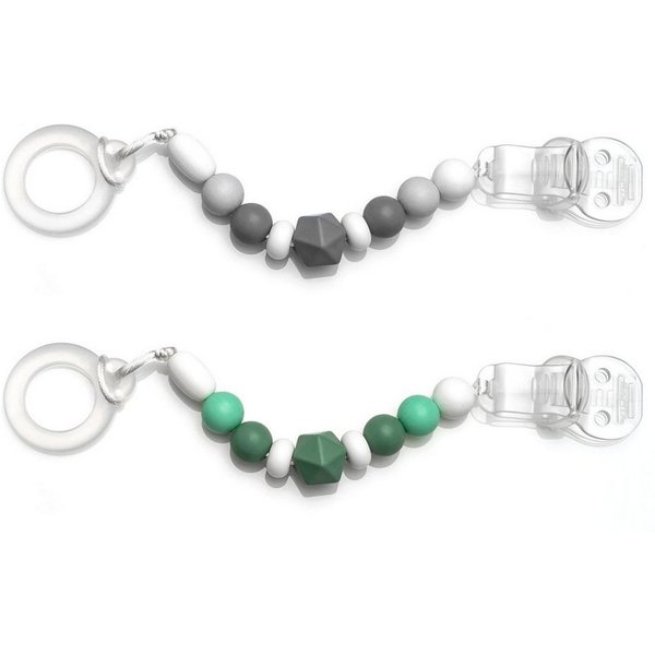MiaMia Schnuller Grau Grün, 2x Schnullerkette Schnullerband mit Silikon Perlen, Gummiring & Clip