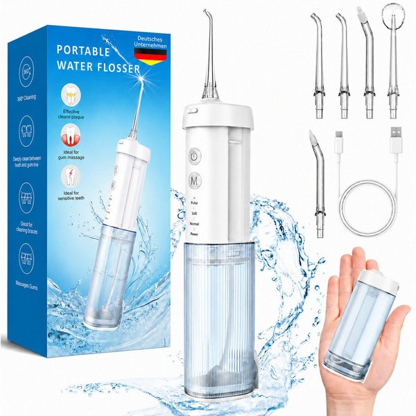 SWGOTA Munddusche Kabellos Zahndusche elektrisch Tragbar 4 Modi & 5 Düsen,360° Drehung, 2200 mAh,210ml Wassertank,IPX7 Zahnreiniger Zahnfleisch und Zahnpflege
