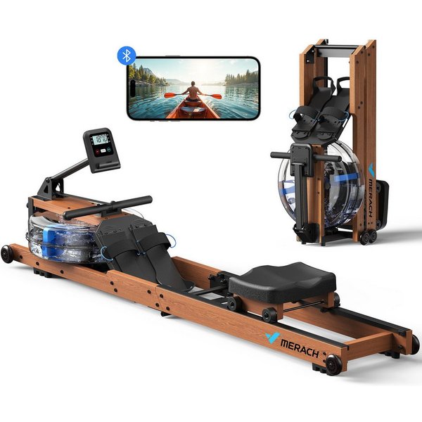 MERACH Rudergerät für Zuhause aus Massivholz, Klappbares Wasserrudergerät (Hochwertige Holzkonstruktion, Dual-Slide-Rail, Kompatibel Kinomap, mit Bluetooth exkl