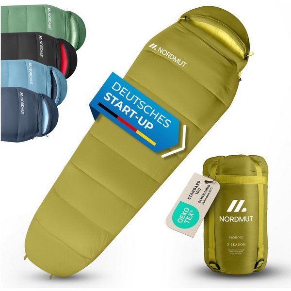 Nordmut Mumienschlafsack 3 Jahreszeiten Sommer Winter, Camping Outdoor, Erwachsene leicht warm (Spar-Set, Schlafsack + Kompressionsbeutel), wasserabweisend, atm