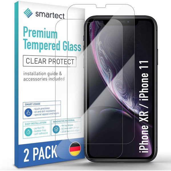 smartect Displayschutzglas 2X Schutzglas Panzerfolie Klar für iPhone XR / iPhone 11 für Apple iPhone XR / iPhone 11, Set, 2 Stück, 0.3 mm Ultra-klar, 9H Härte, 