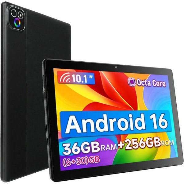 Happybe 10,1'' Octa-Core, 6000 mAh, HD 1280x800, 34GB/36GB RAM, 128GB/256GB Tablet (10.1", 256 GB, Android, Android 16, Gemini KI-Assistent, Widevine L1)