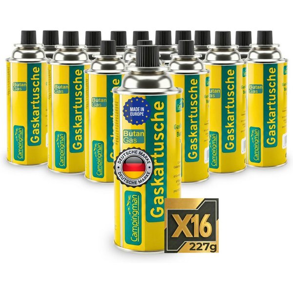 Campingman Gaskartusche Gaskartuschen 227g MSF-1A im –Unkrautbrenner & Gasgeräte, 16 St., Butangas Kartusche mit Ventil für Campingkocher
