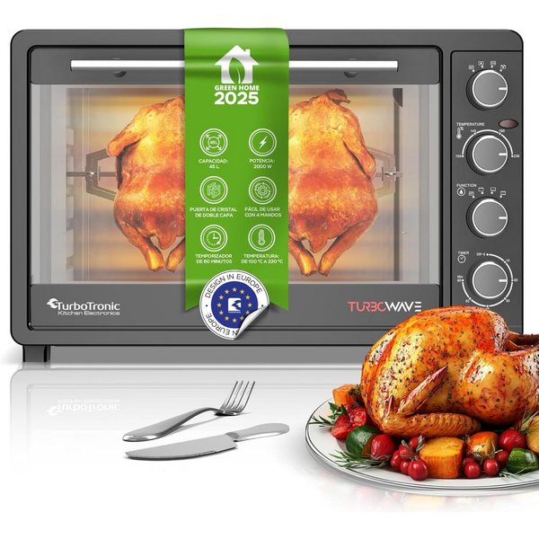TurboTronic by Z-Line Minibackofen 2000 W 45 l Mini Backofen mit Umluft Drehspieß Grill Pizzaofen Timer, Tischbackofen, kleiner Backofen, Mini Ofen, freistehend