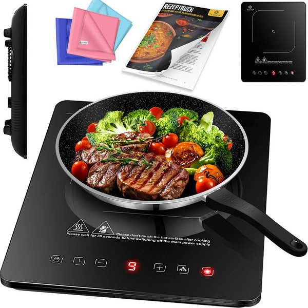 KESSER Einzelkochplatte Induktionskochplatte mit 9 Heizstufen 3x Mikrofasertücher & Rezeptbuch, tragbare Kochplatte 28cm mit Timer, Touch-Steuerung, Booster 220