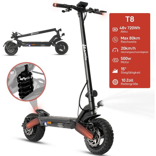 ZWHEEL E-Scooter 10 Zoll klappbarer E-roller mit ABE, 48V 720 Wh, max. 80km, 500 W, 20 km/h, (4 Stoßdämpfer, mit Blinker, mit Straßenzulassung), Offroad-Reifen,