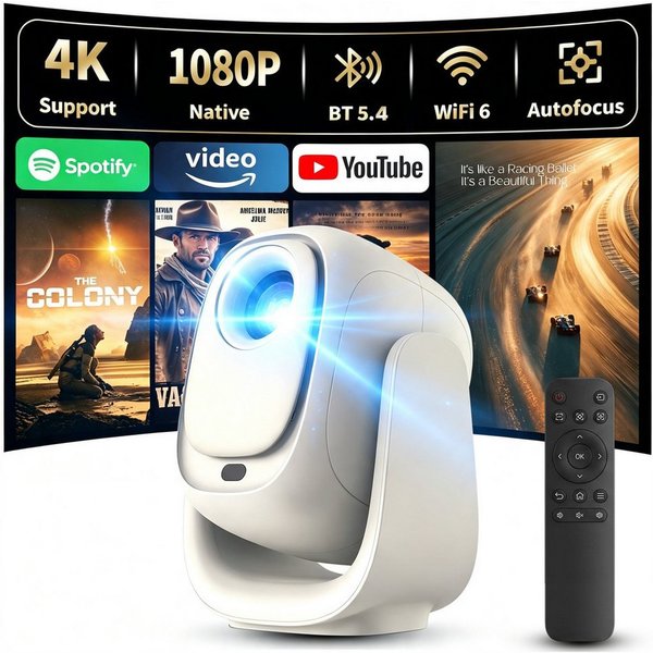 Forrlite Mini Beamer 4K Unterstützt,Beamer Integrierte APP,20000 Lumens Mini-Beamer (Automatische Trapezkorrektur,WiFi 6 180°Dreh Projektor Tragbar)